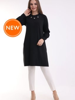 Jun Siyah Bisiklet Yaka Taş Işlemeli Reglan Kol Yırtmaçlı Esnek Yumuşak Kumaş Tunik