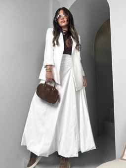 Beyaz Drapeli Bel Detaylı Balon Uzun Etek