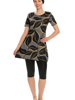 Siyah Likralı Yarı Kapalı Mayo Dev Yapraklar