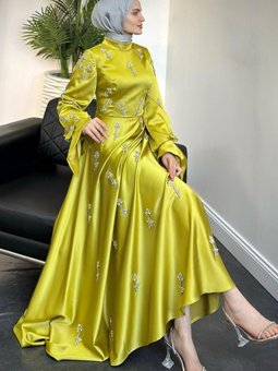 Emilia Prenses Taşlı Abiye Elbise Yağ Yeşili