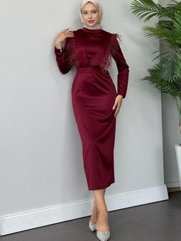 Linen Saten Abiye Elbise Bordo