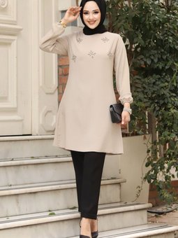 Boncuk İşlemeli Kol Ucu Lastikli Tunik Tsd240407