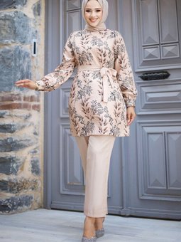 Çiçek Desenli Beli Kuşaklı İkili Takım Tsd240726 Siyah