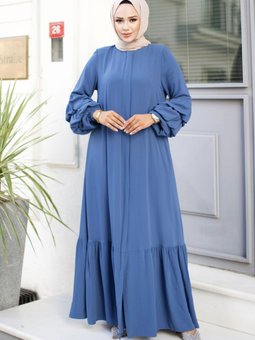 Çift Balon Kol Detaylı Eteği Volanlı Ferace Tsd240247 İndigo
