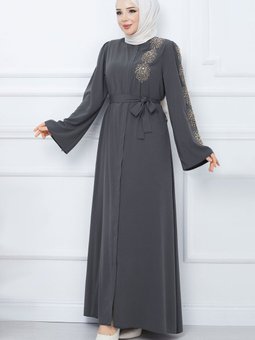 Kolu Boncuk İşlemeli Kuşaklı Ferace Tsd240203 Antrasit