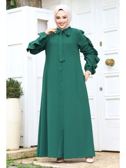 Kolu Fırfırlı Yakası Bağlama Detaylı Yeşil Ferace