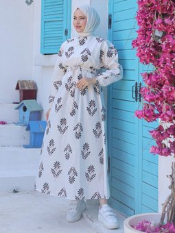 Düz Orta Ekru Desenli Kolu Büzgülü Elbise 26622