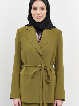 Gizli Pat Düğmeli Beli Kuşaklı Ceket Olive
