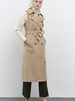 Kruvaze Düğmeli Uzun Yelek Bej