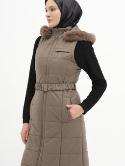 Kürk Kapüşonlu Yelek Vizon