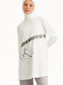 Önü Baskılı Sweatshirt Ekru