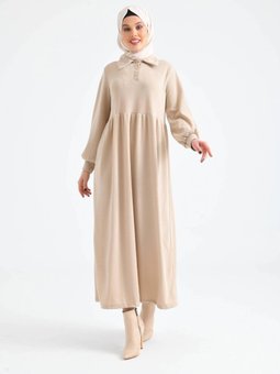 Bej Düğmeli Yaka Balon Kol Gömlek Elbise