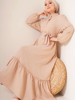 Bej Fırfır Detaylı Yaka Düğmeli Elbise