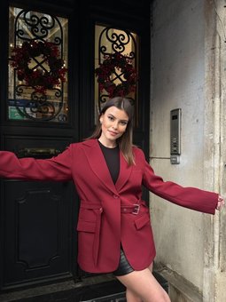 Bordo Kemer Detaylı Astarlı Blazer Ceket