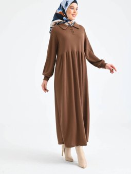 Kahverengi Düğmeli Yaka Balon Kol Gömlek Elbise