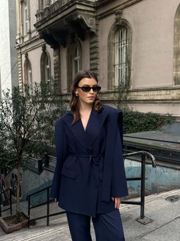 Lacivert İp Bağlamalı Omuz Detaylı Astarlı Blazer Ceket