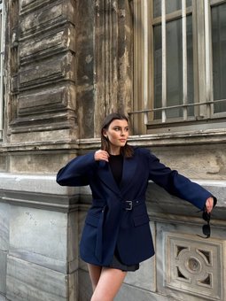 Lacivert Kemer Detaylı Astarlı Blazer Ceket