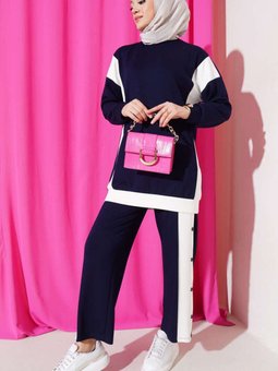 Lacivert Loyşa Şerit Detaylı İkili Takım