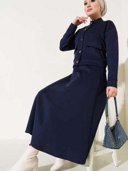 Lacivert Metal Düğmeli Etekli Scuba İkili Takım