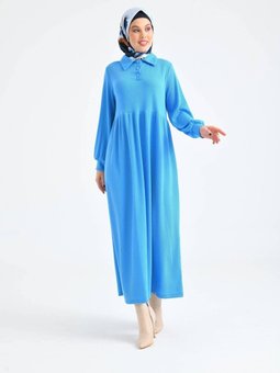 Mavi Düğmeli Yaka Balon Kol Gömlek Elbise