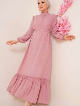 Pudra Fırfır Detaylı Yaka Düğmeli Elbise