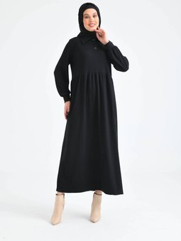 Siyah Düğmeli Yaka Balon Kol Gömlek Elbise