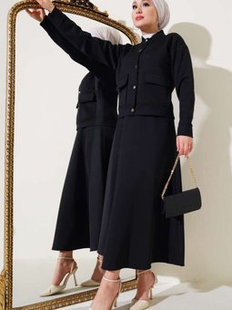 Siyah Metal Düğmeli Etekli Scuba İkili Takım