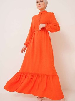 Turuncu Fırfır Detaylı Yaka Düğmeli Elbise