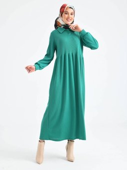 Yeşil Düğmeli Yaka Balon Kol Gömlek Elbise