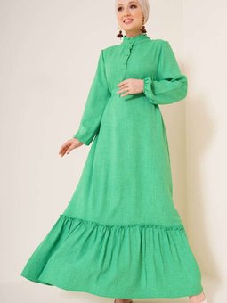 Yeşil Fırfır Detaylı Yaka Düğmeli Elbise