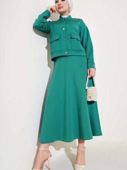 Yeşil Metal Düğmeli Etekli Scuba İkili Takım