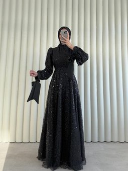 Taş İşlemeli Kolları Fiyonk Detaylı Yenı Sezon Tesettür Abiye Elbise