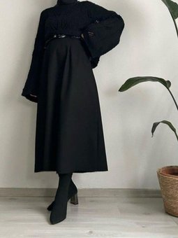 Siyah Scuba Puf Kloş Etek Beli Lastikli 95 Cm