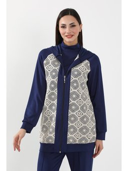 Dantel Detaylı Fermuarlı Kapüşonlu Lacivert Hırka Swet,sw
