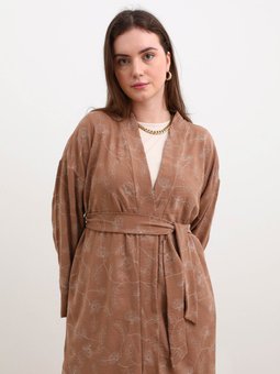 Büyük Beden Aerobin Brode Kimono Üçlü Koyu Vizon Takım