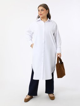 Pamuklu Büyük Beden Poplin Beyaz Tunik