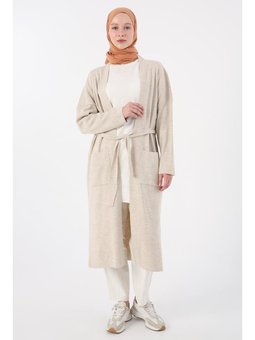 Cepli Rahat Kalıp Yırtmaçlı Triko Hırka Taş