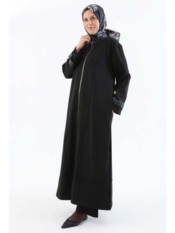 Deri Apolet Detaylı Fermuarlı Ferace Siyah