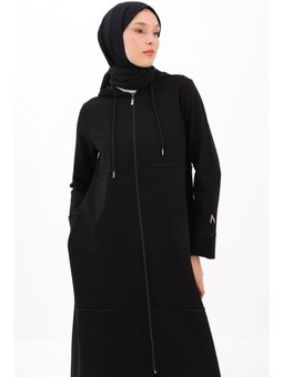 Kapüşonlu Fermuarlı Hırka Siyah