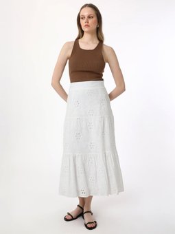 Brode Kumaşlı Yandan Fermuar Detaylı Şık Ekru Etek