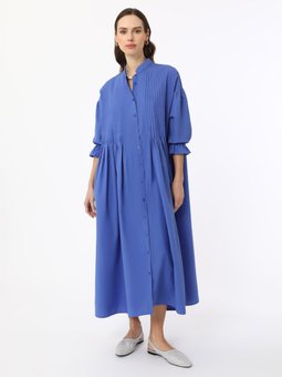 Nervür Detaylı Kolu Lastikli İndigo Elbise