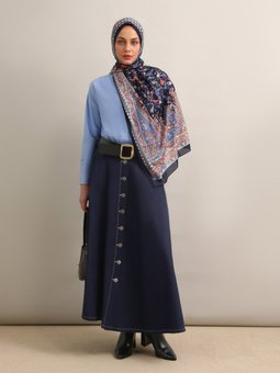 Önden Düğmeli Denim Koyu Mavi Etek