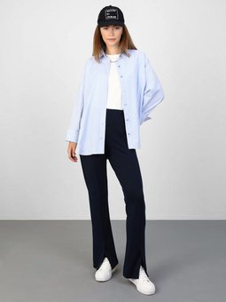 Pamuklu Oversize Beyaz Çizgili Gömlek Gri Mavi