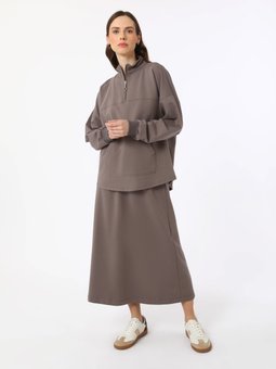 Yumuşak Dokulu Pamuklu Sweatshirt & Etek Vizon Takım