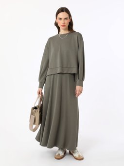 Yumuşak Dokulu Rahat Sweatshirt & Etek Haki Takım