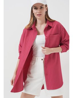 Cep Detaylı Çizgili Oversize Kırmızı Gömlek