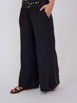 Antrasit İtalyan Beli Korsajlı Tokalı Kemerli Bol Paçalı Keten Pantolon