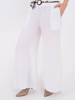 Beyaz İtalyan Beli Korsajlı Tokalı Kemerli Bol Paçalı Keten Pantolon