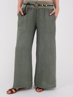 Haki İtalyan Beli Korsajlı Tokalı Kemerli Bol Paçalı Keten Pantolon