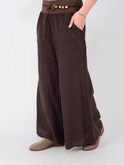 Kahverengi İtalyan Beli Korsajlı Tokalı Kemerli Bol Paçalı Keten Pantolon
